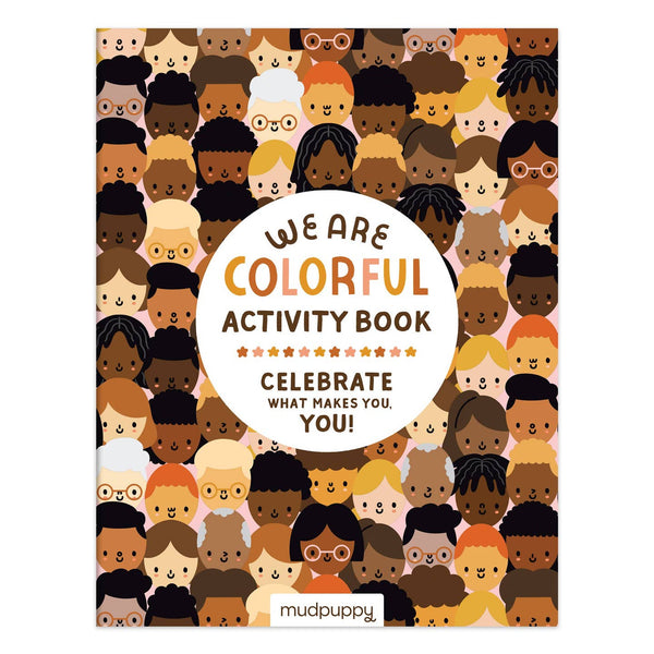Colorful activity book cover with diverse illustrations and 'Mudpuppy' branding.