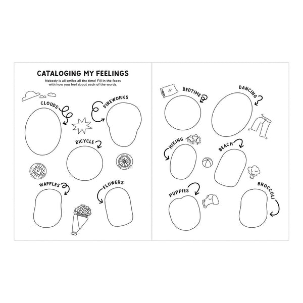 Two pages from a book titled 'Cataloging My Feelings' with various shapes and words to fill in.