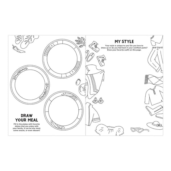 Coloring page with various fashion and dining items to draw on a white background.