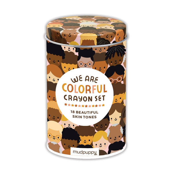 Cylindrical crayon set container with diverse skin tone illustrations and 'Mudpuppy' branding.