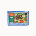 A rectangular blue zip pouch package for a children's jigsaw puzzle, featuring a colorful woodland forest illustration with animals and the text 'POUCH PUZZLE WOOLGONG'.