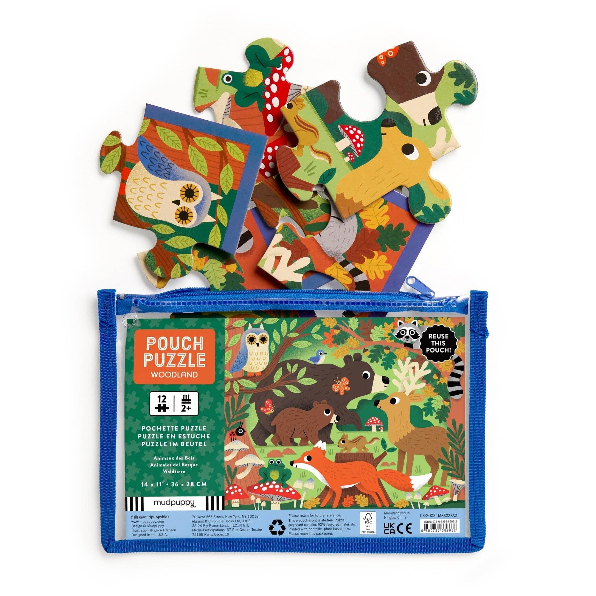 Woodland animal-themed pouch puzzle with colorful pieces on a white background