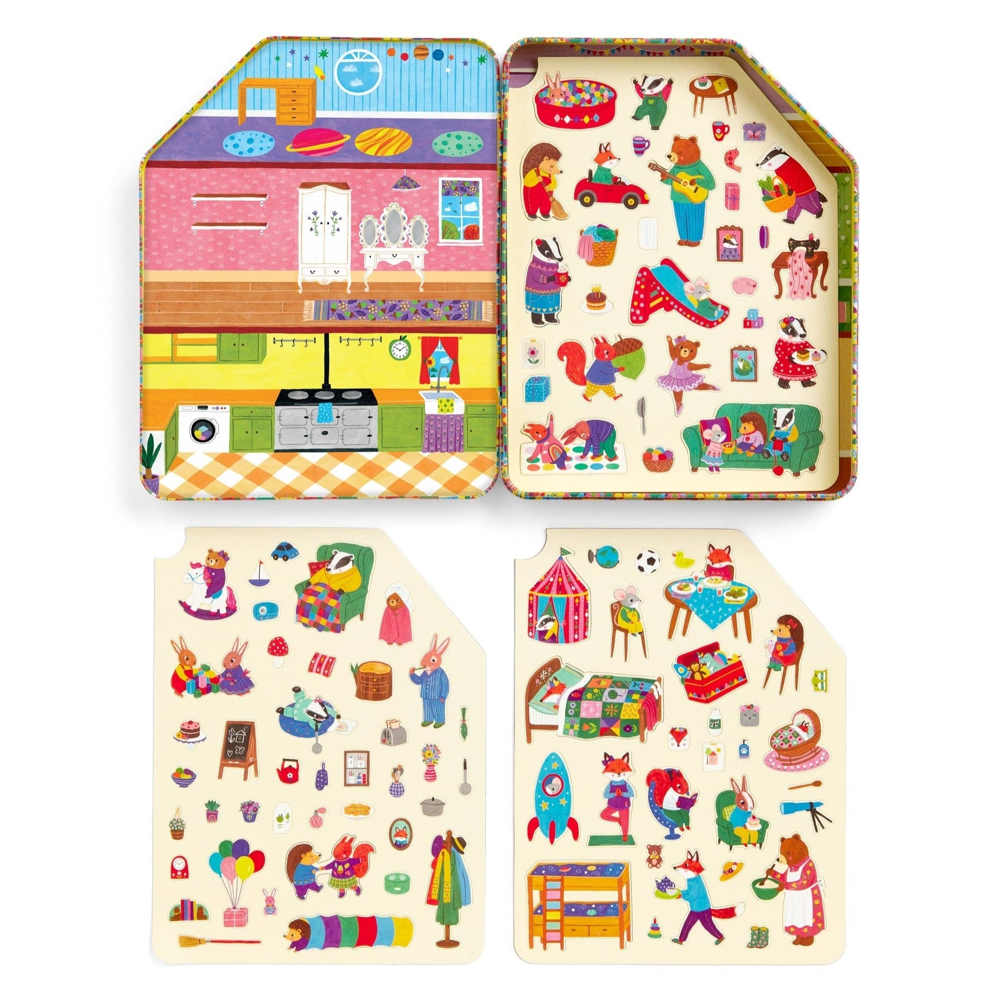 Set of colorful children's wooden toys with illustrated scenes and characters.