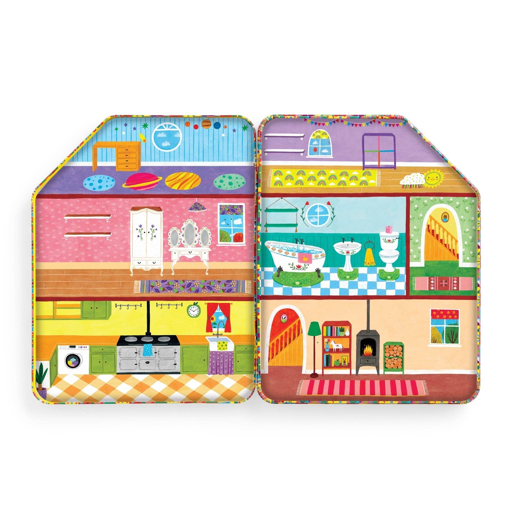 Colorful toy house with various rooms and furniture on a white background
