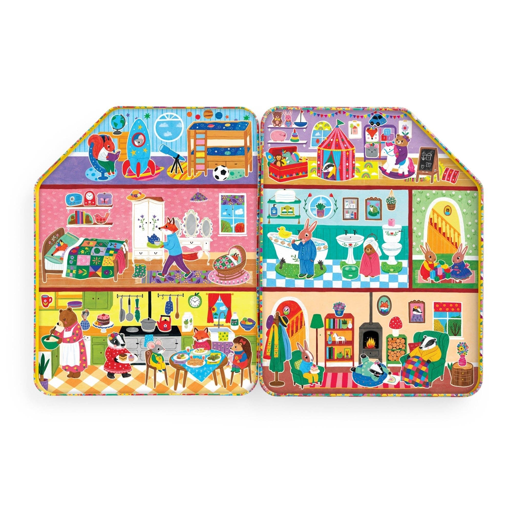 Colorful toy house with various rooms and activities on a white background