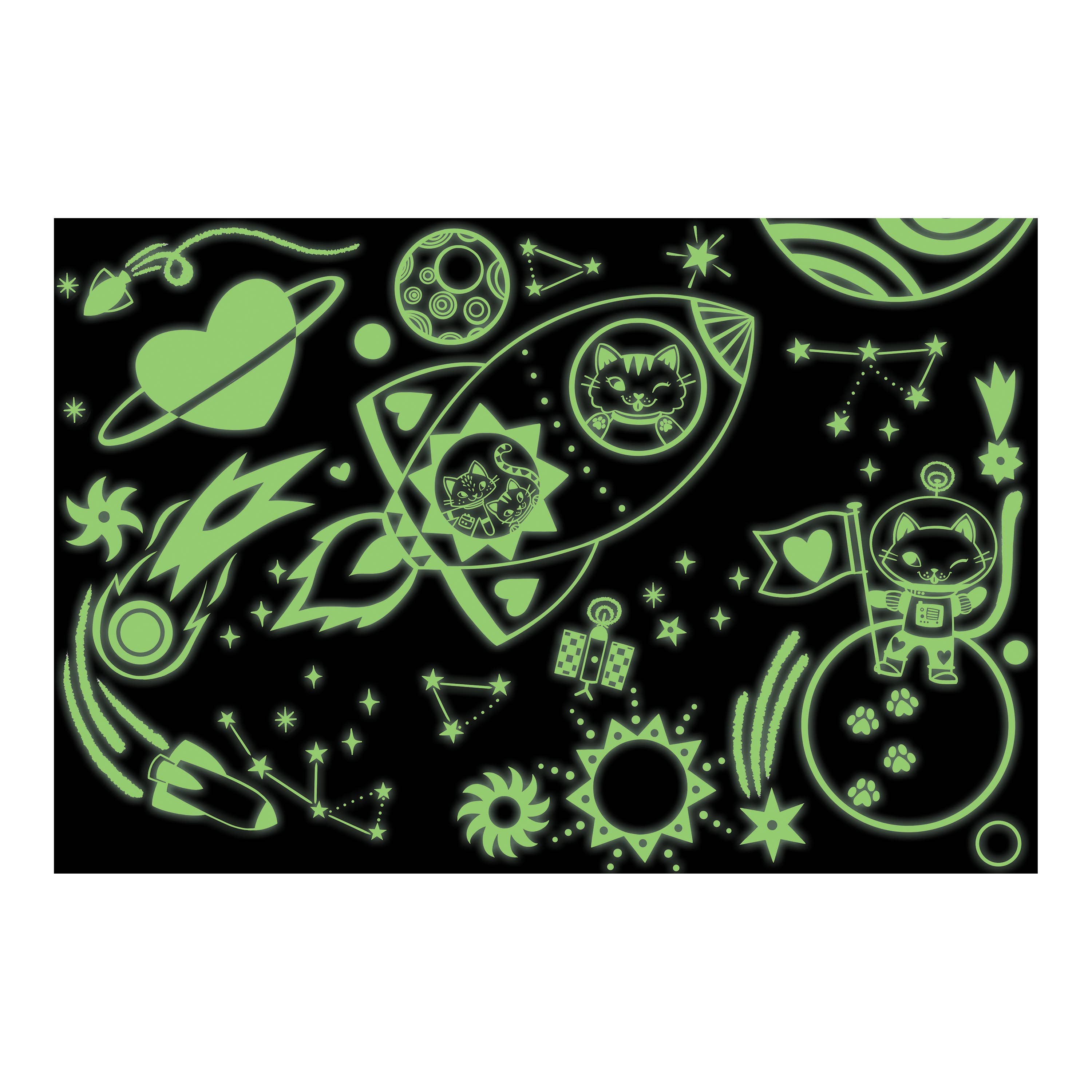 Glowing space-themed stickers on a black background
