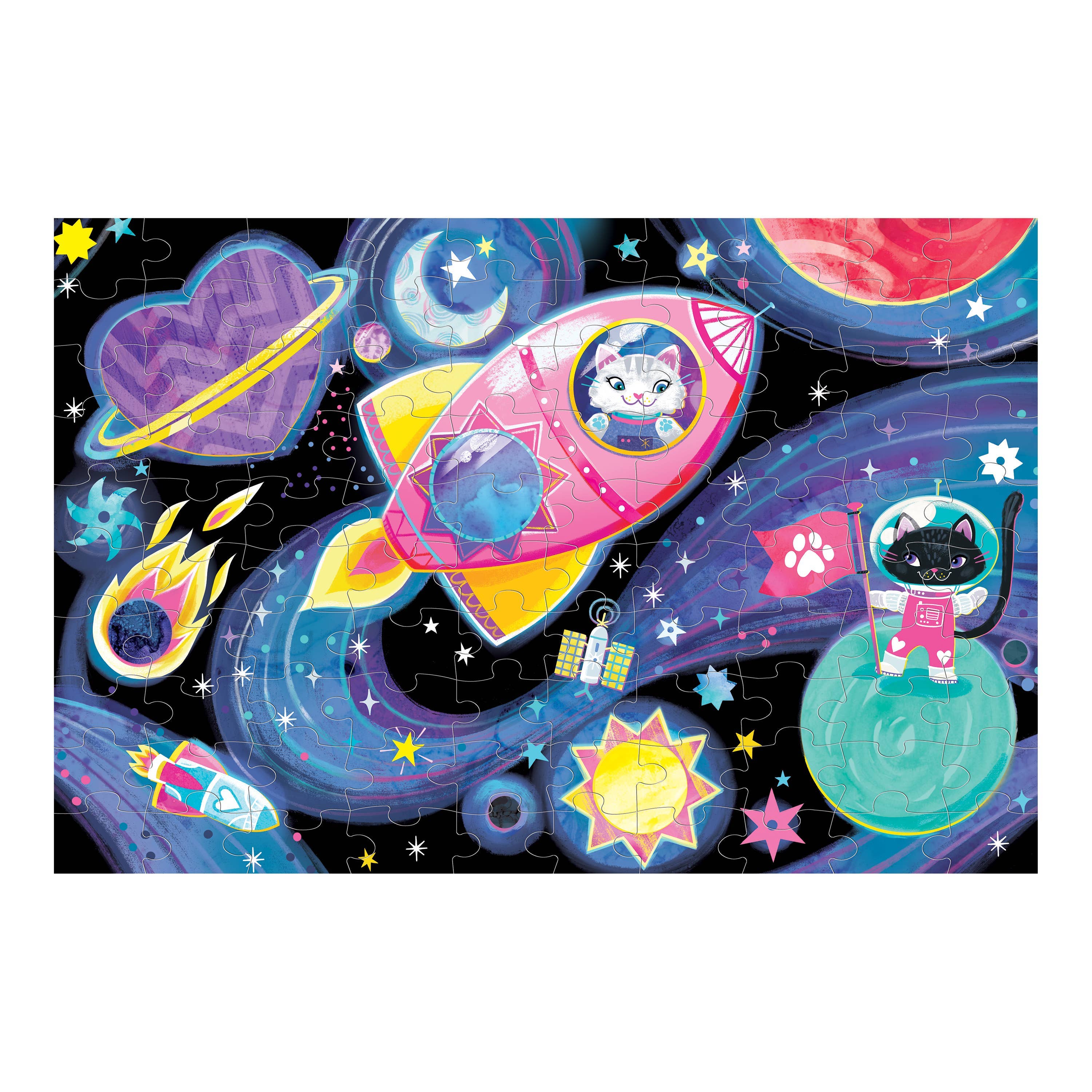 A colorful children's jigsaw puzzle featuring cartoon cats in space, with a pink rocket, planets, stars, and a black cat astronaut on a blue swirling cosmic background.
