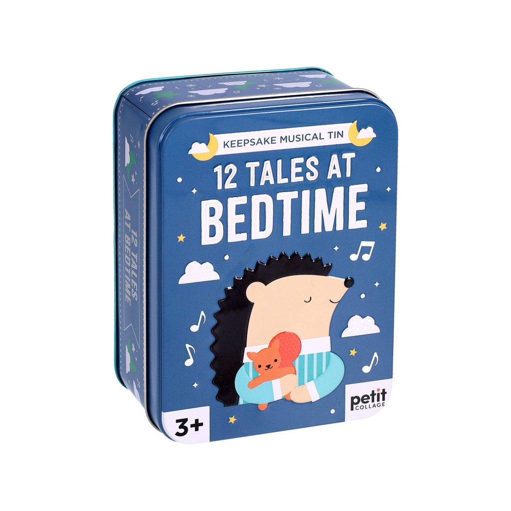 Blue tin box with hedgehog design and '12 Tales at Bedtime' text on a white background