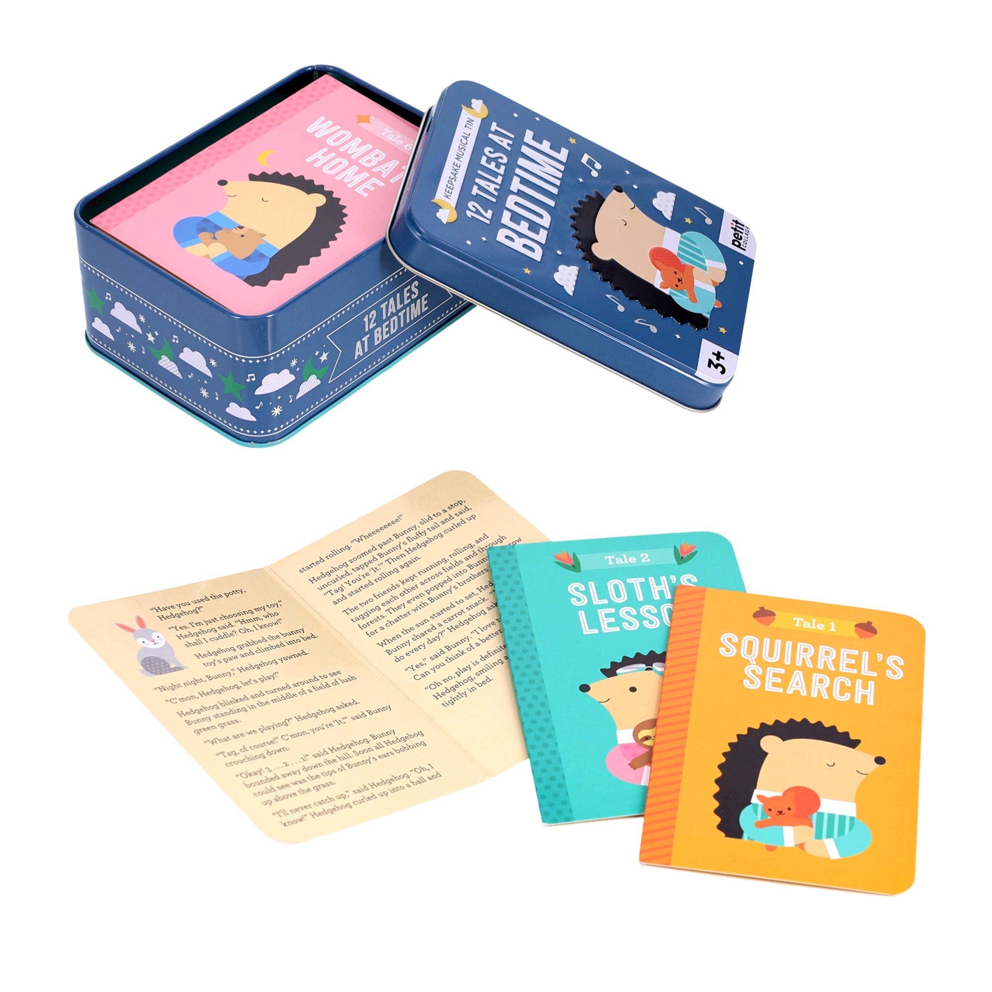 Children's bedtime stories in a tin with illustrated covers and a printed story sheet.