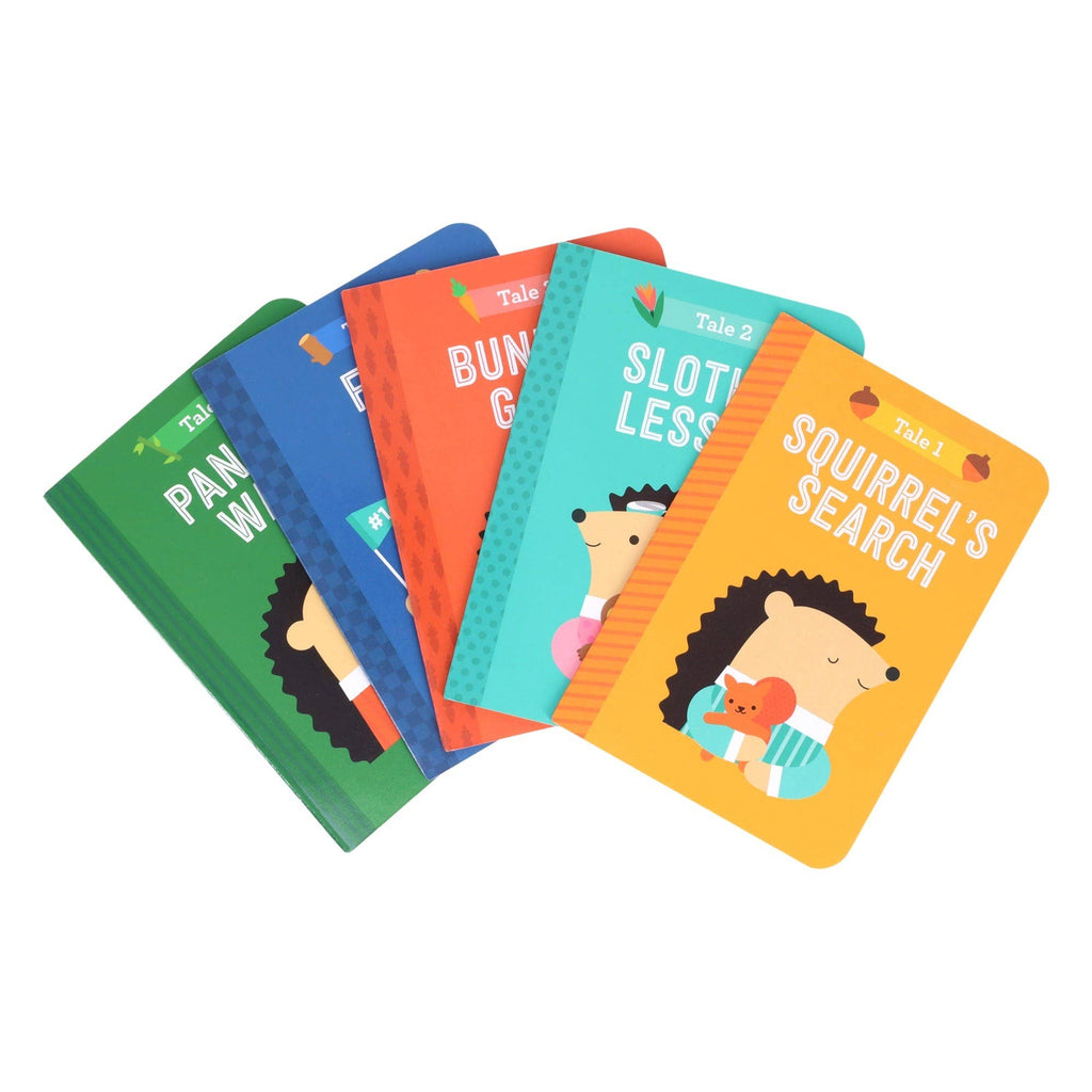 A set of colorful children's book covers fanned out on a white background. The visible titles include 'Panda's Paw', 'Bunny Hunt', 'Slot Machine', and 'Squirrel's Search'.
