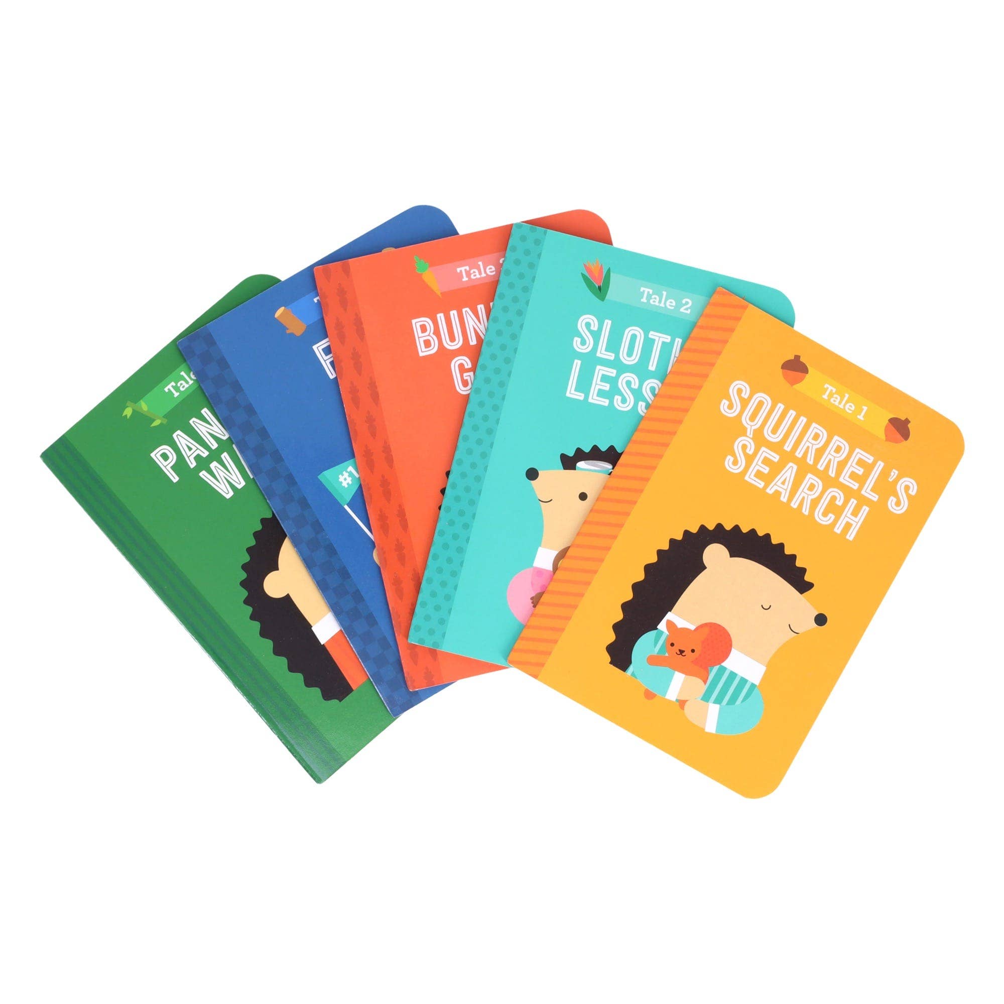 A set of colorful children's book covers fanned out on a white background. The visible titles include 'Panda's Paw', 'Bunny Hunt', 'Slot Machine', and 'Squirrel's Search'.