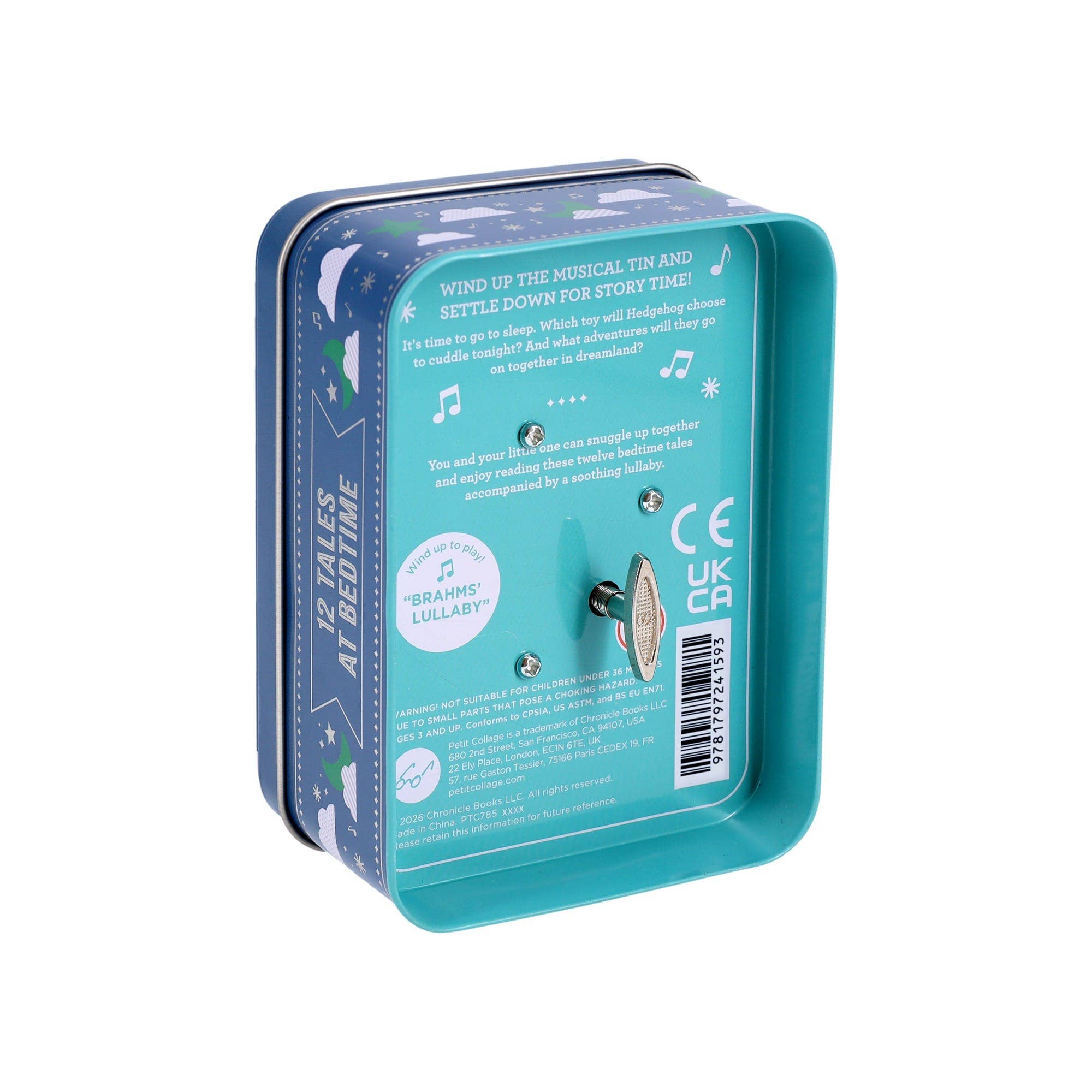 Teal tin with musical elements and text on a white background