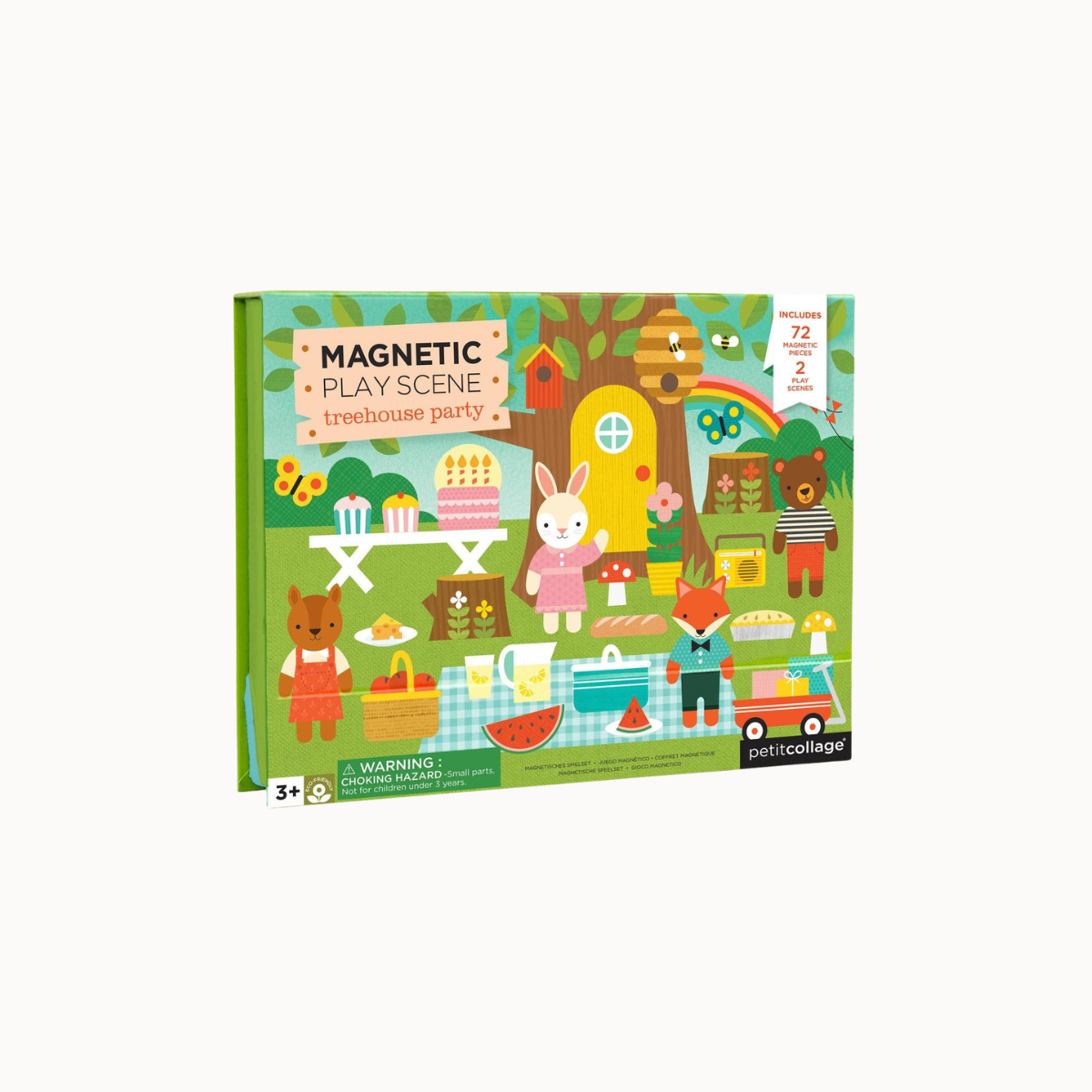 A children's magnetic play scene toy box titled 'magnetic play scene treehouse party' on a plain light gray background. The illustrated front shows a colorful treehouse picnic scene with animals, tables, food, and a rainbow.