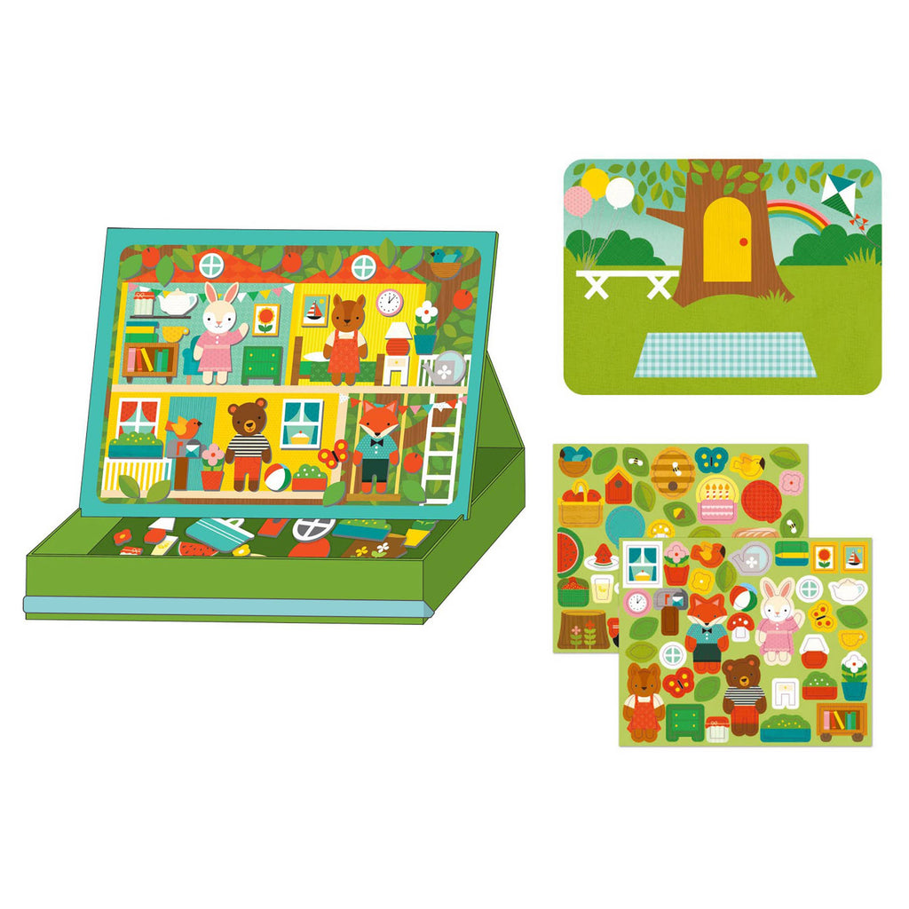 Children's puzzle set with colorful illustrations of a house and garden on a white background