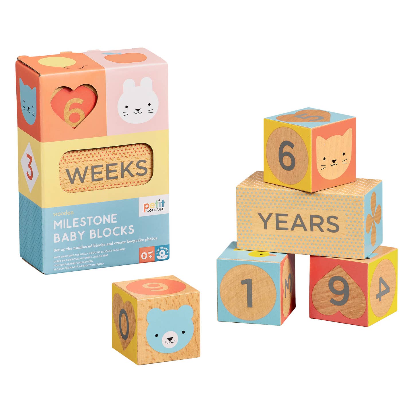 Set of milestone baby blocks with packaging on a white background