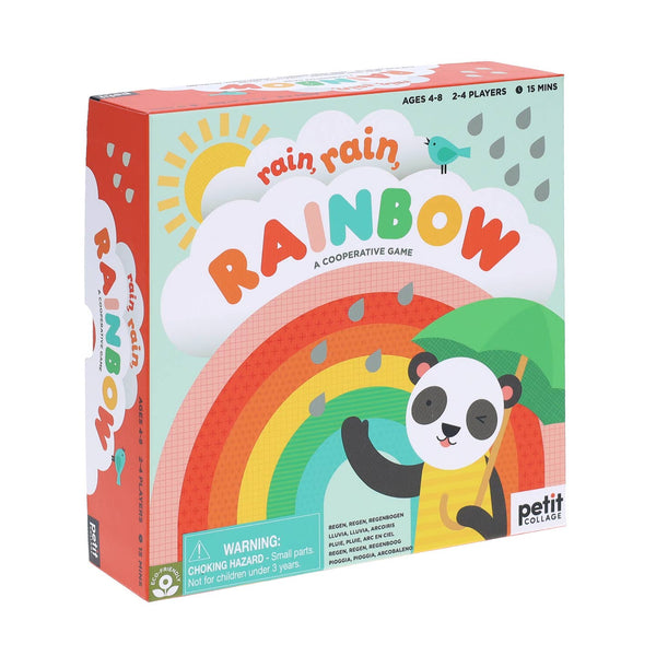 Board game box for 'rain rain RAINBOW' with a panda character and colorful design.