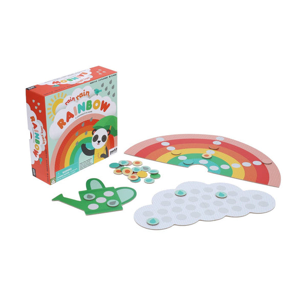 Children's board game set with rainbow, cloud, and panda design on a white background