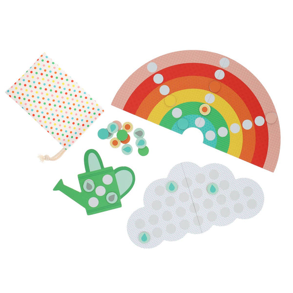 Set of children's craft items including a rainbow, cloud, and watering can on a white background