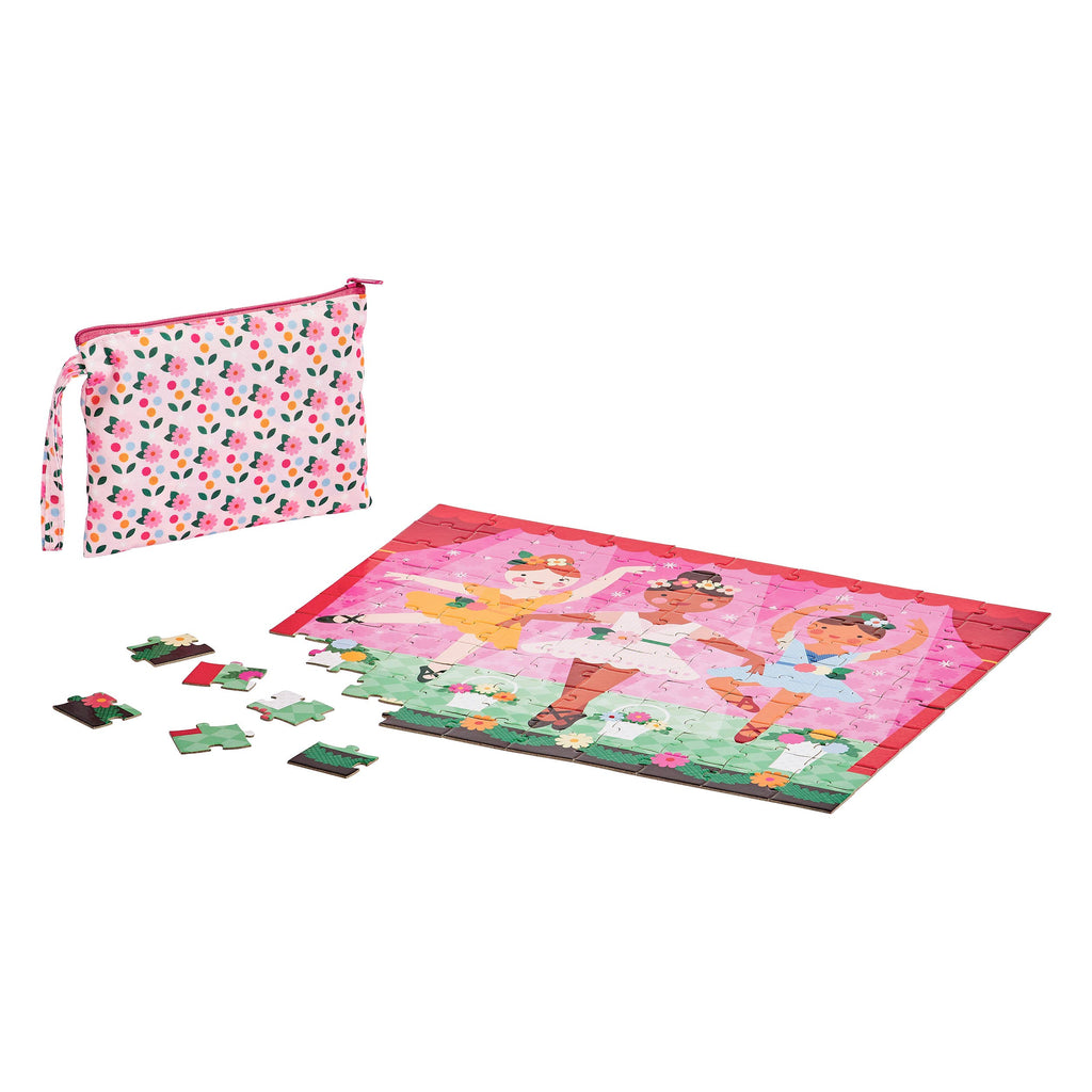 Children's play mat with princess design, puzzle pieces, and a pouch on a white background