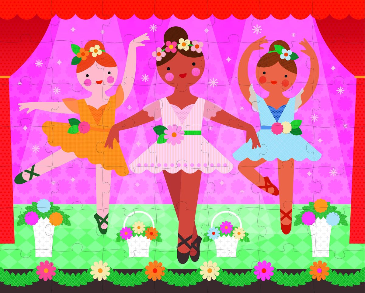 Three cartoon ballerinas in colorful outfits on a stage with flowers and curtains.