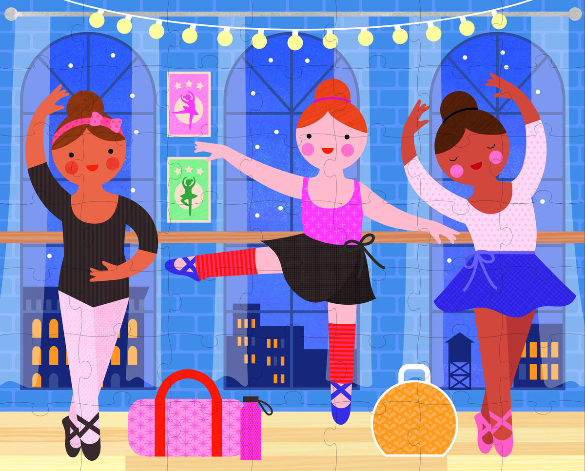 Three cartoon dancers practicing in a ballet studio with windows showing a cityscape.
