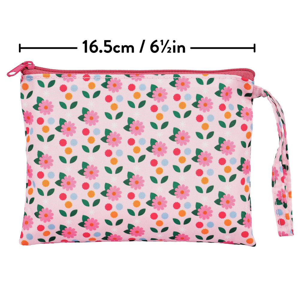 Floral patterned pouch with measurements on a white background