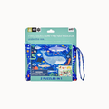 Petit Two Sided On-The-Go Puzzle under the sea, featuring a blue zippered pouch with an ocean-themed illustration and a matching wrist strap, shown in its original packaging.