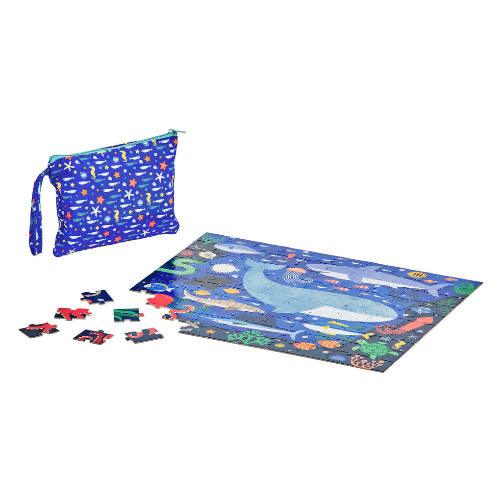 Children's puzzle with pieces and storage bag on a white background