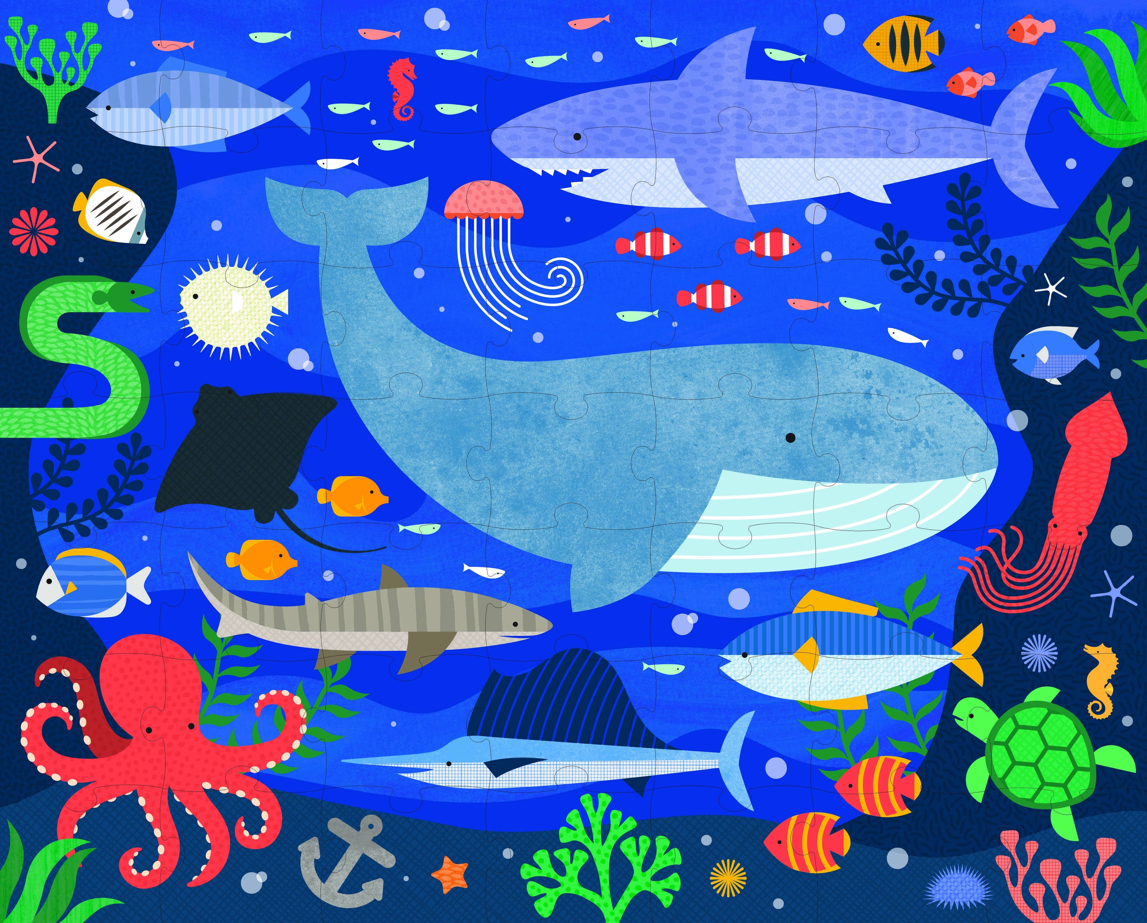 Colorful underwater scene with various sea creatures on a blue background