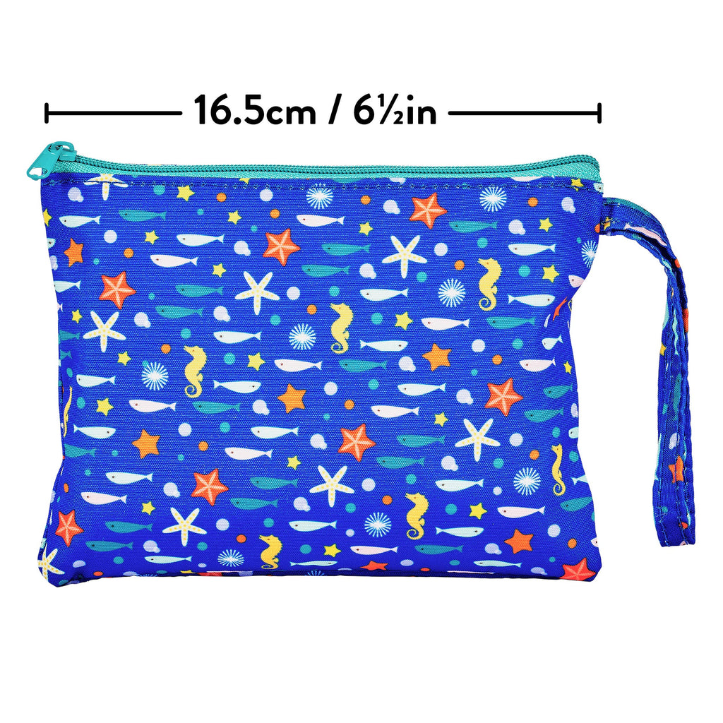 Blue pouch with sea-themed pattern and measurements on a white background