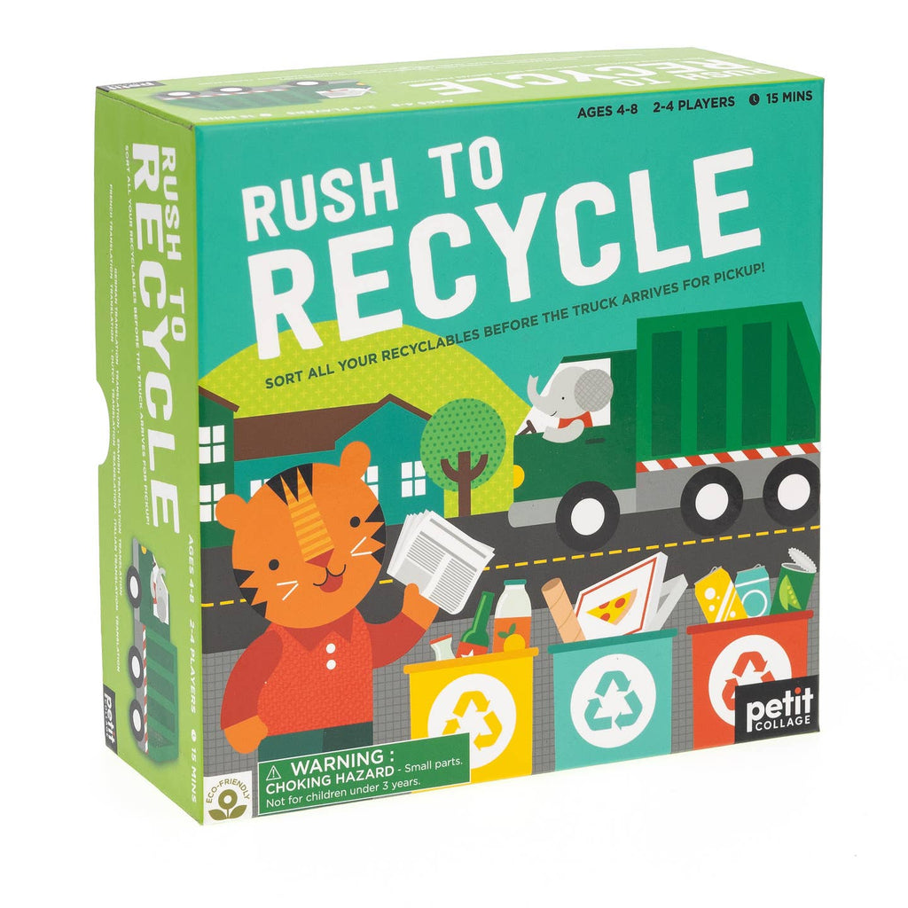 Board game box titled 'Rush to Recycle' with a tiger character and recycling theme.
