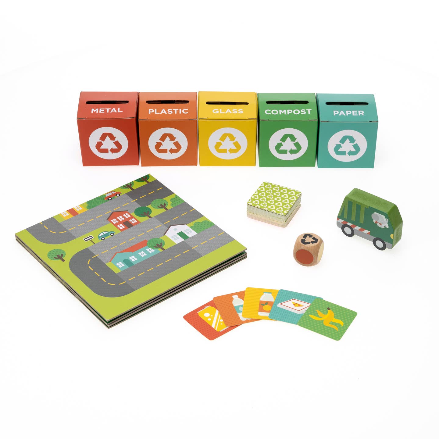 Educational toy set with recycling bins, road book, and game pieces on a white background