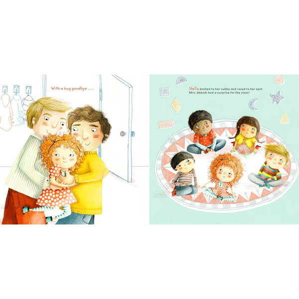 Illustrated book page with a family and children, featuring a round inset of the same scene.