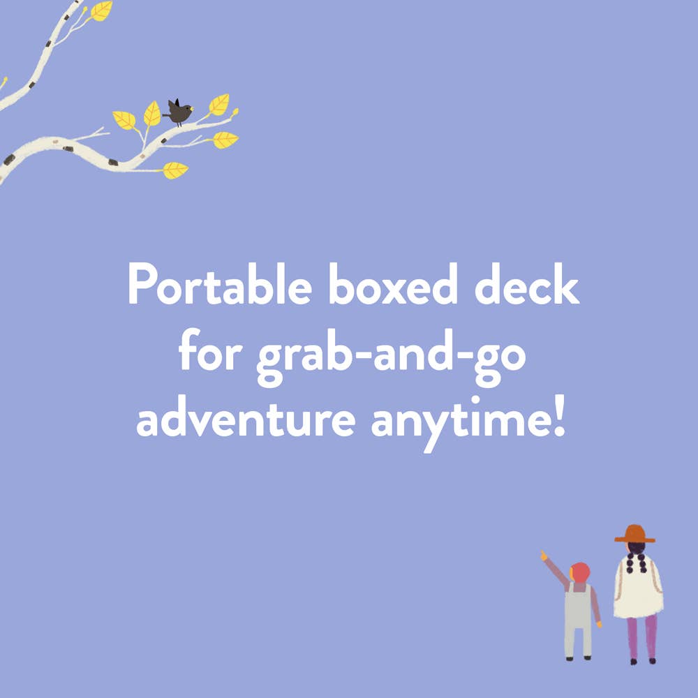 Advertisement for a portable boxed deck with text and two people on a blue background.