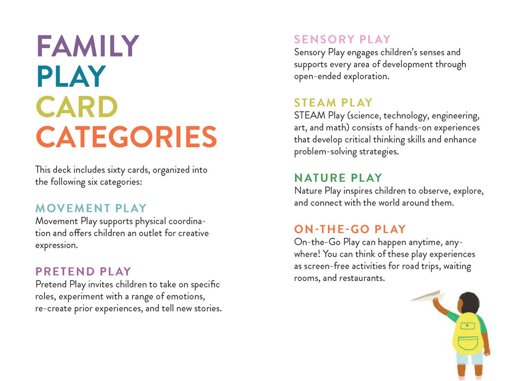 Family play card categories with text and a child playing outdoors illustration.