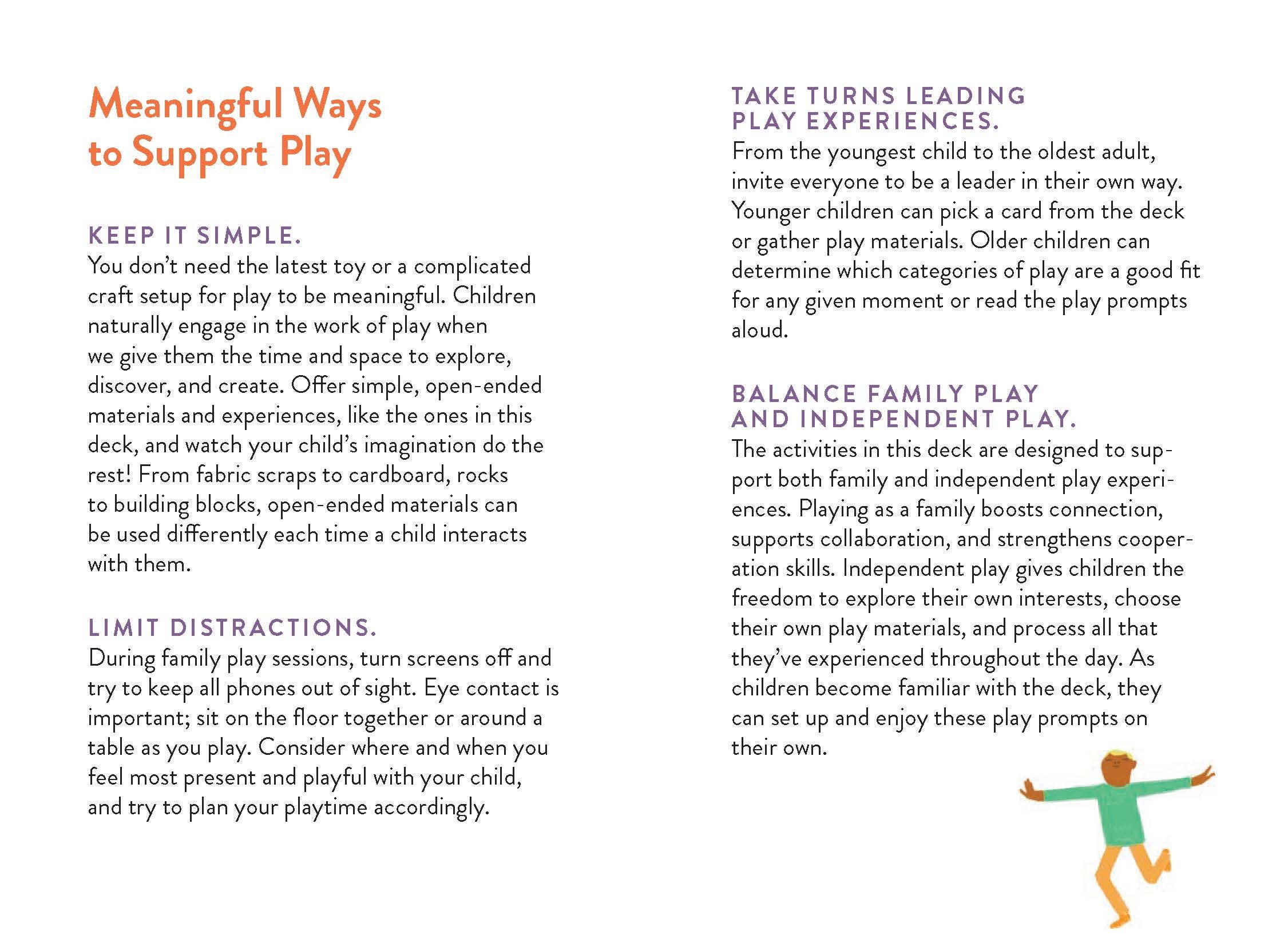 Page from a book or manual on meaningful ways to support play with text and a small illustration of a child playing.