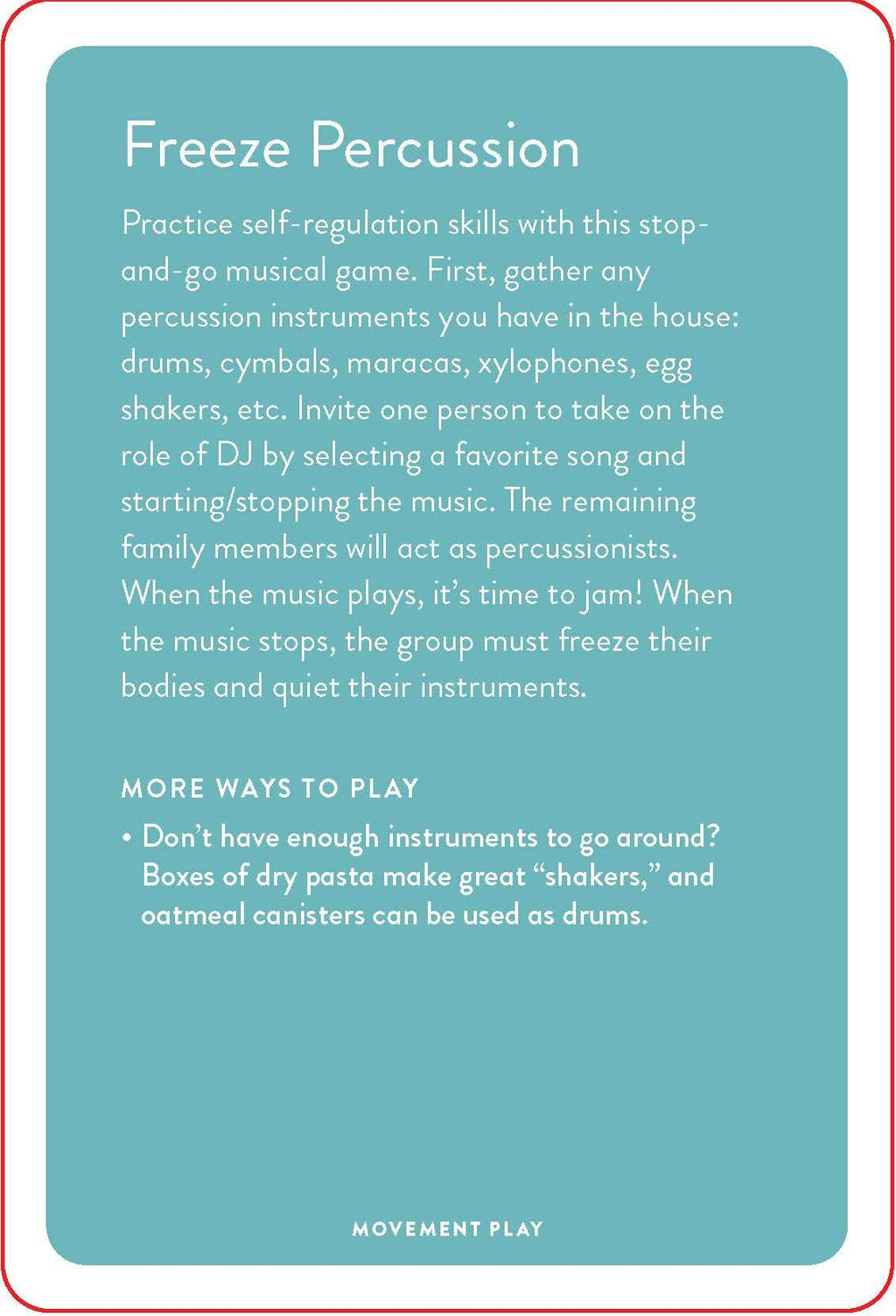 Instructions for a Freeze Percussion game on a blue background with white text.