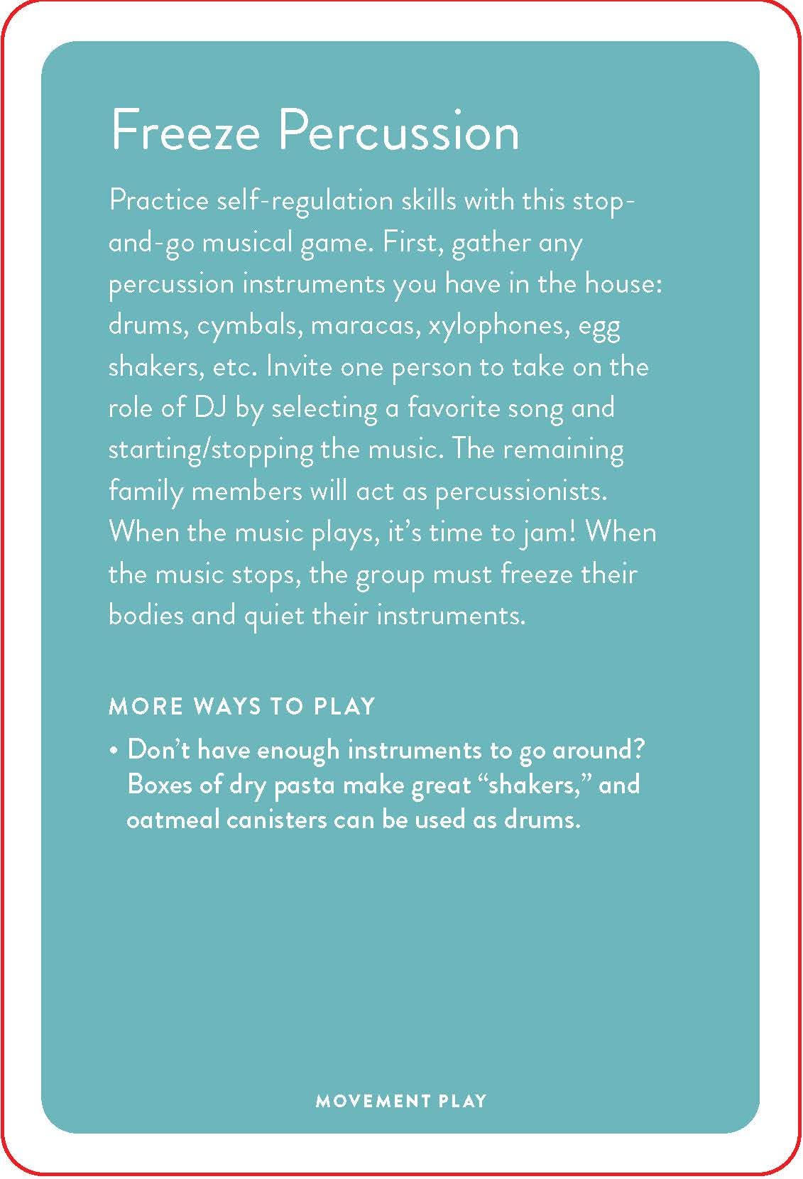 Instructions for a Freeze Percussion game on a blue background with white text.