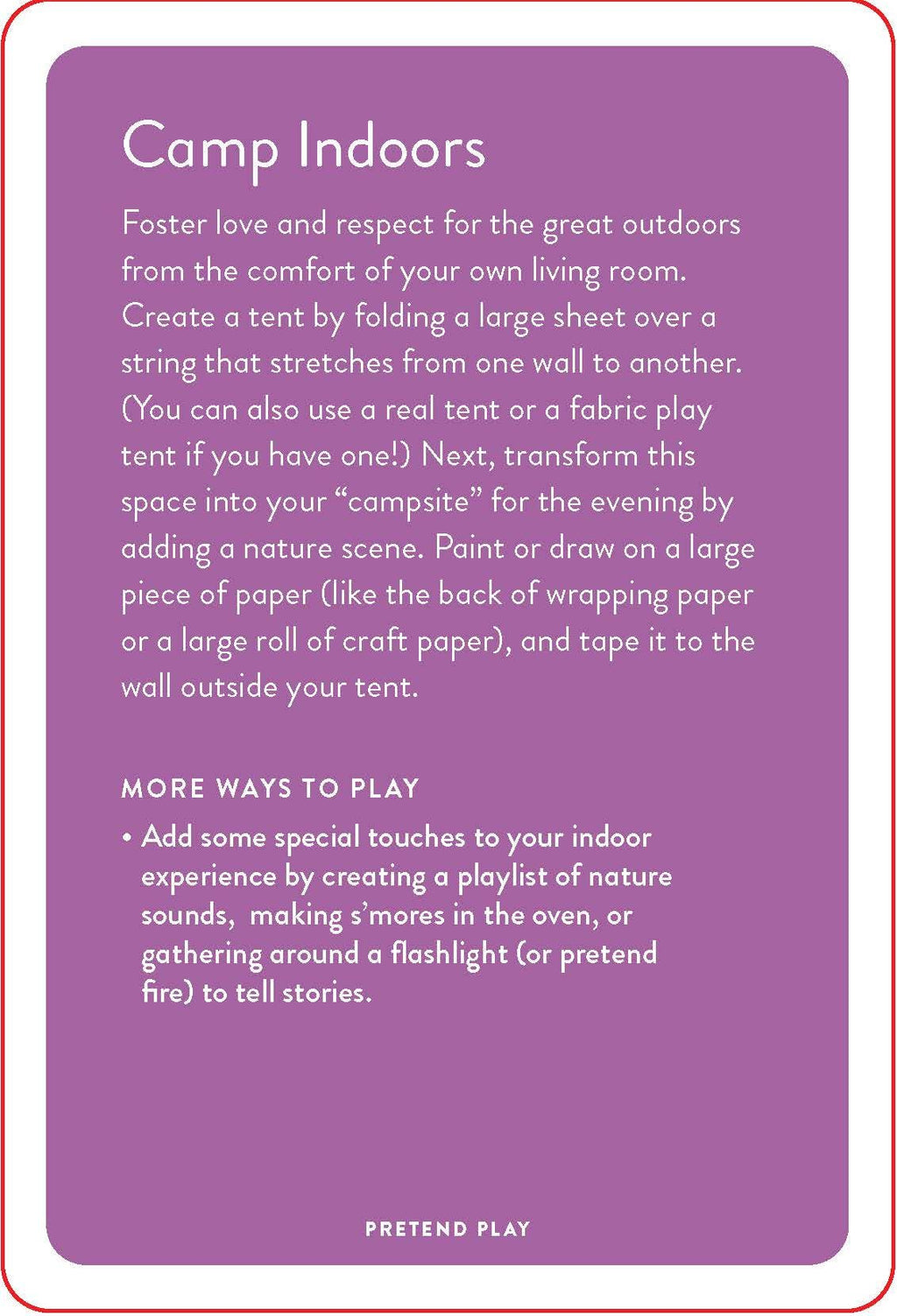 Purple card with text about indoor camping activities for children, featuring white text.