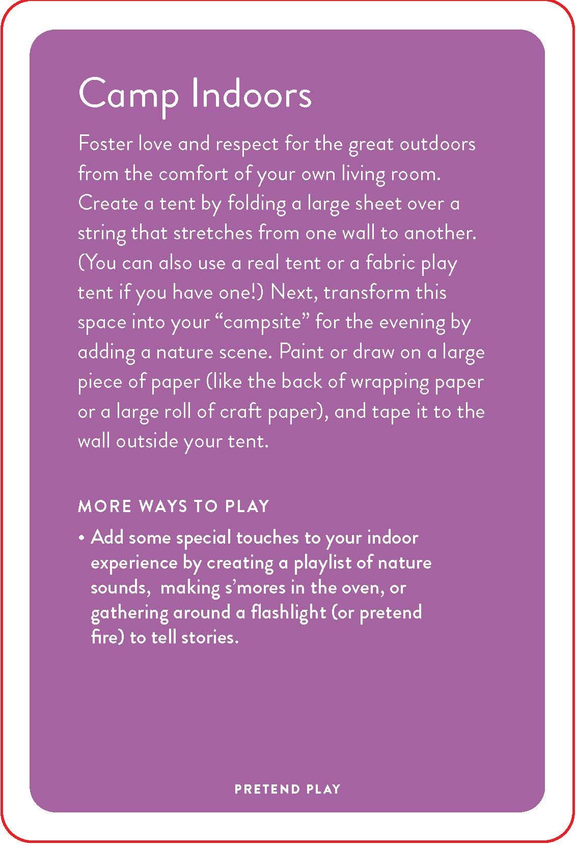 Purple card with text about indoor camping activities for children, featuring white text.