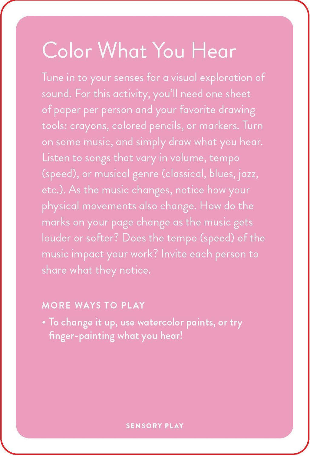 Pink card with white text explaining 'Color What You Hear' activity for sensory play.