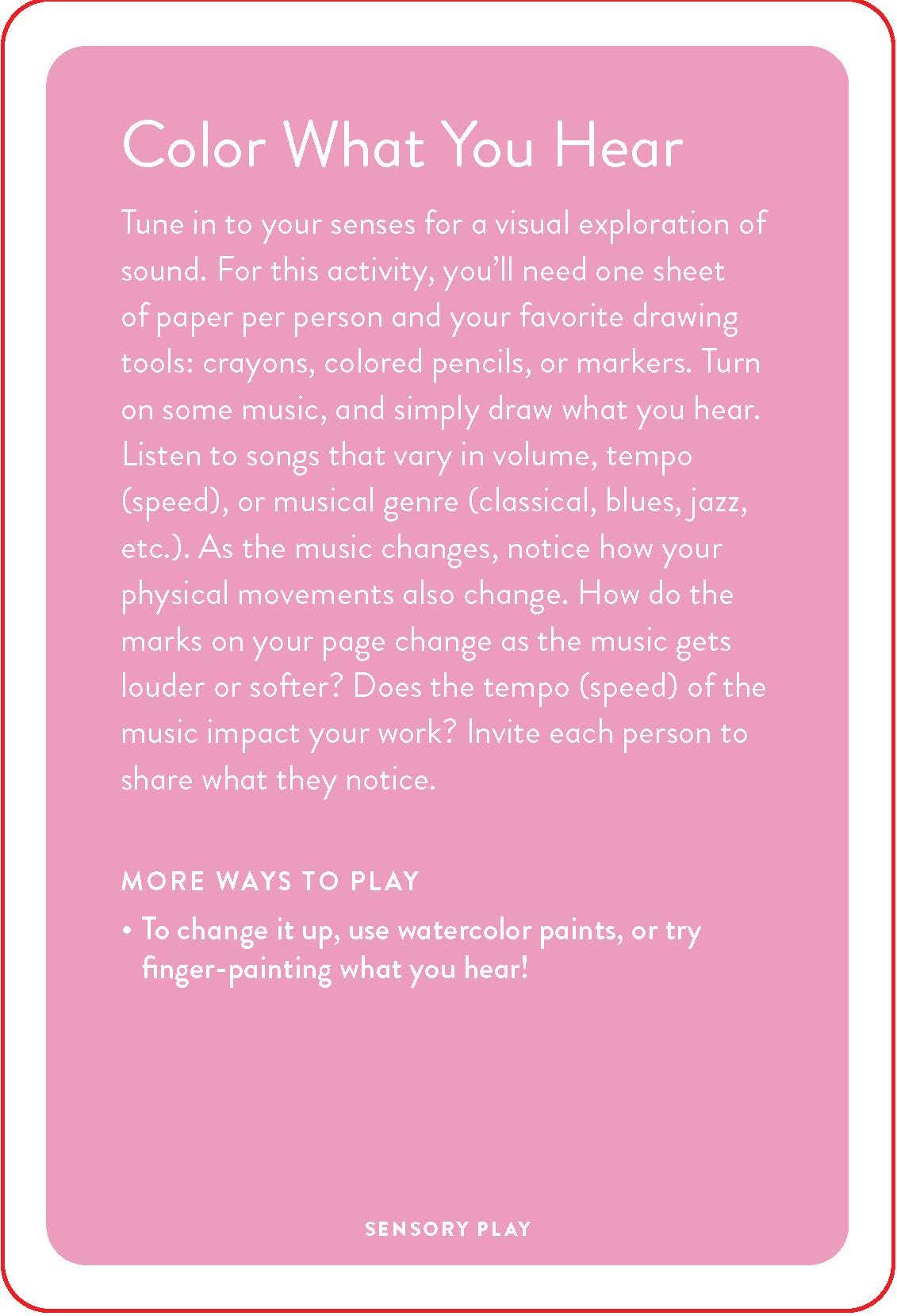 Pink card with white text explaining 'Color What You Hear' activity for sensory play.