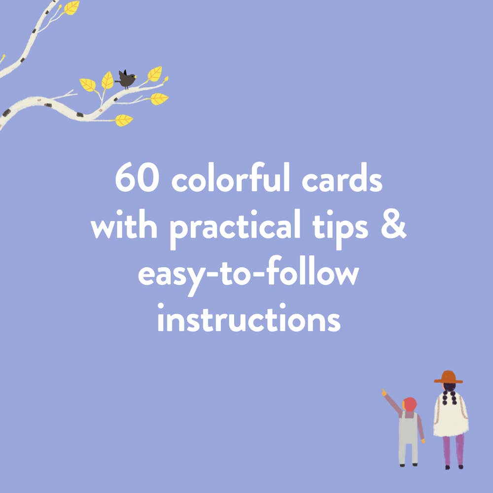 Promotional graphic for 60 colorful cards with practical tips and easy-to-follow instructions, featuring two people and a bird on a branch.