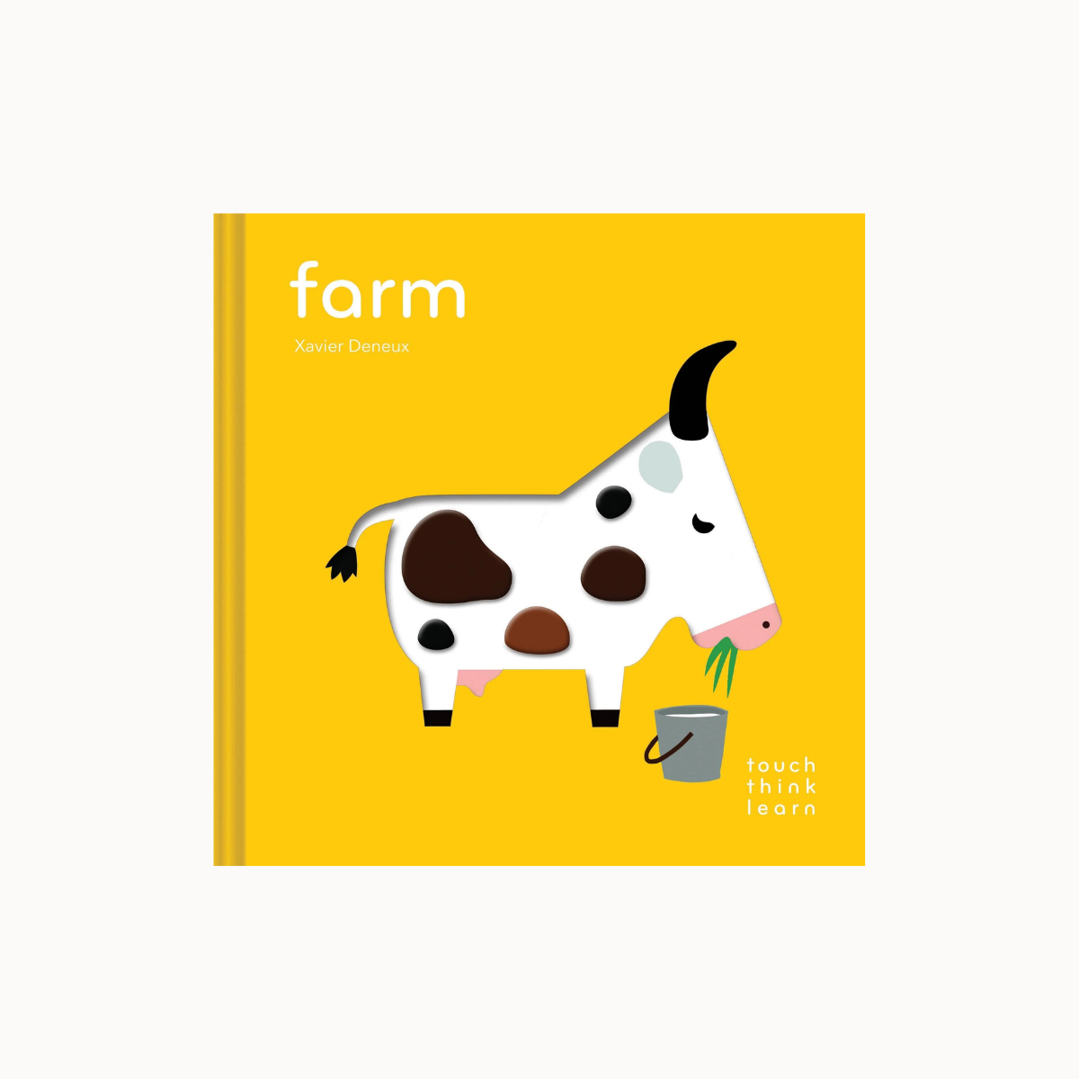 A children's board book titled 'farm' by Xavier Damour, featuring a bright yellow cover with a cartoon cow and a bucket.