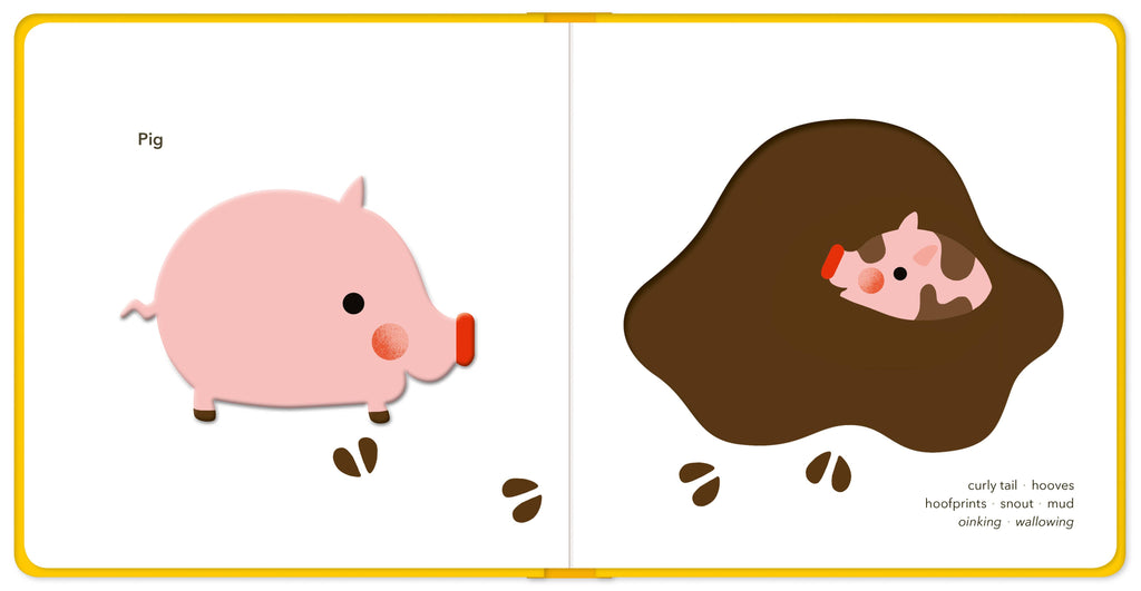 Illustration of a pig and mud with text on a yellow border