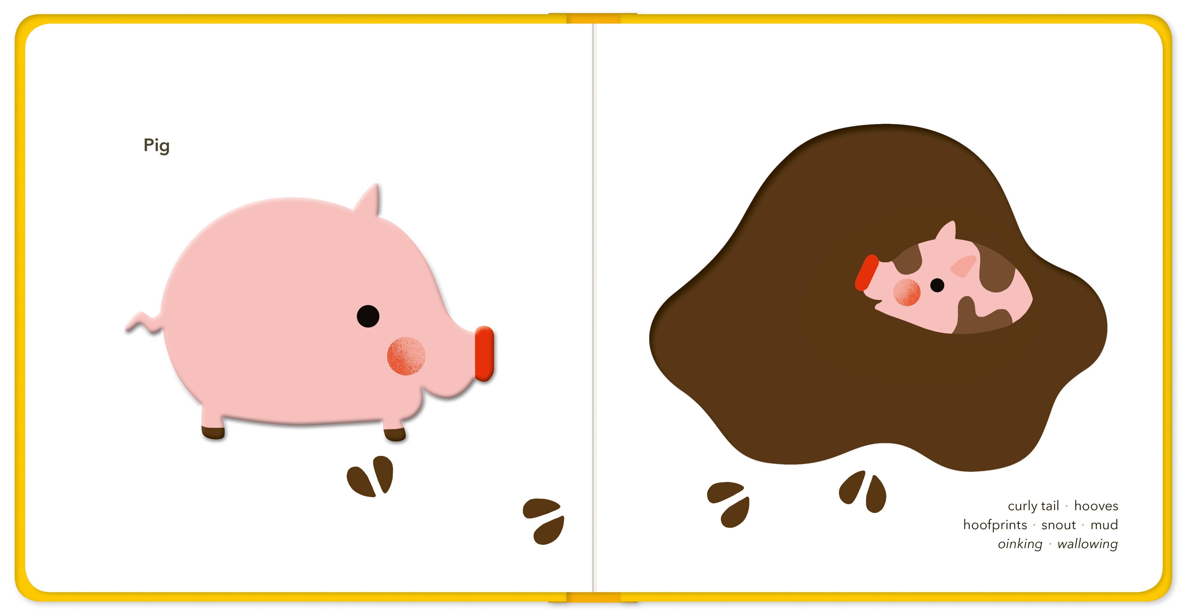 Illustration of a pig and mud with text on a yellow border