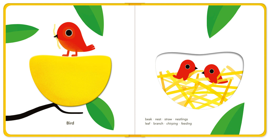 Illustrated book page with a red bird on a yellow leaf and two birds in a nest.
