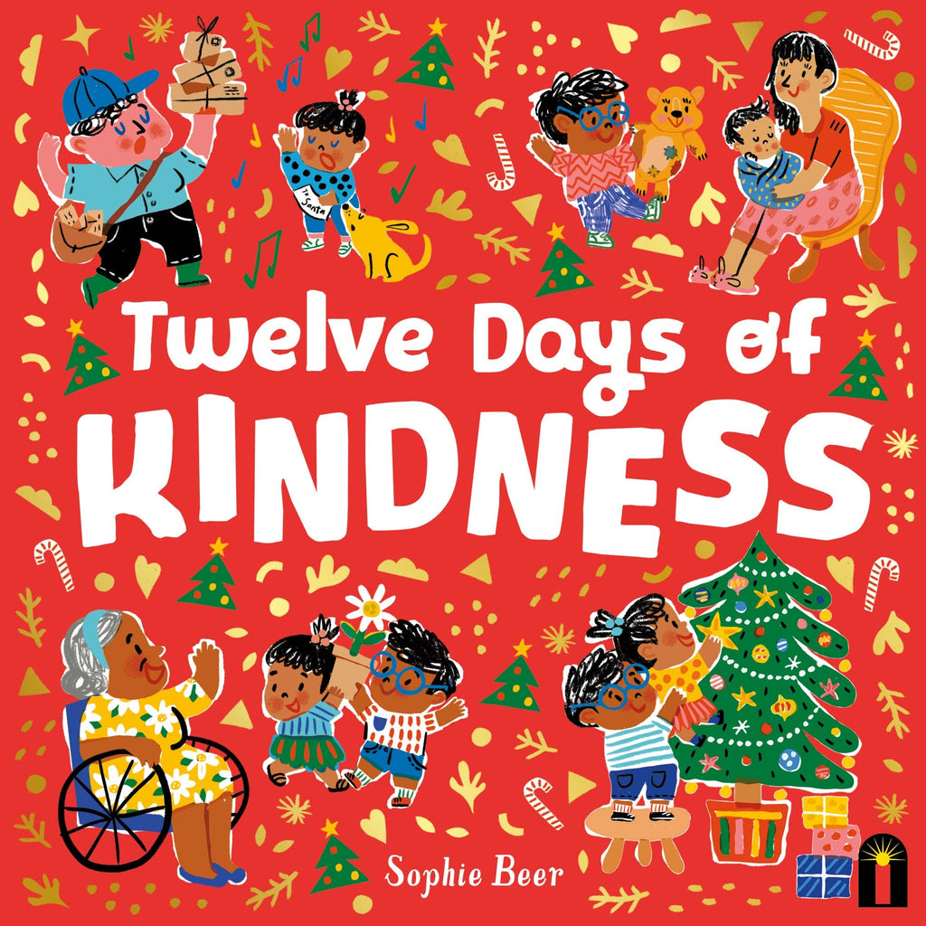 Book cover of 'Twelve Days of Kindness' with illustrations of children and a red background.