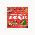Children's book cover titled "Twelve Days of Kindness" by Sophie Beer, featuring a bright red background with colorful illustrated children, holiday decorations, candy canes, and gifts.
