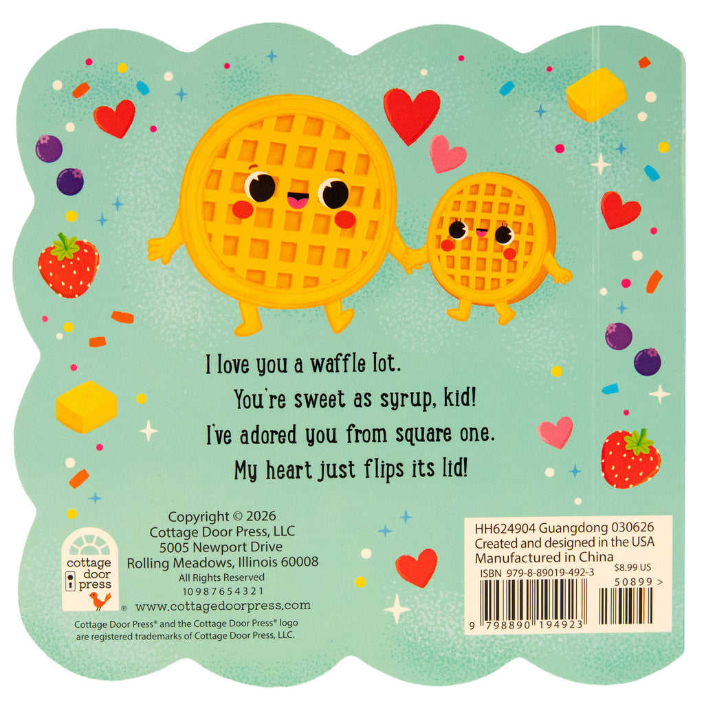 Back cover of a children's book with waffle characters and colorful design
